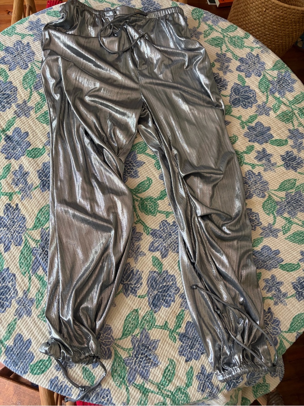 Anthropologie Silver Metallic Track Joggers